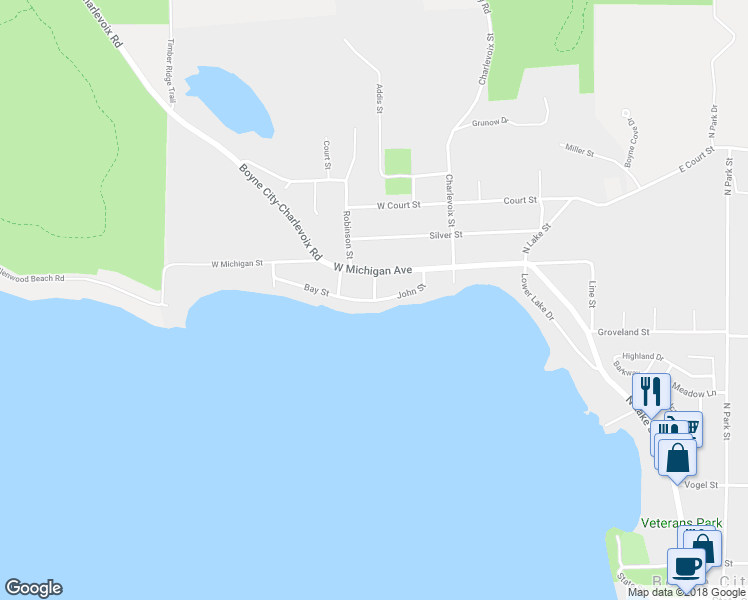 map of restaurants, bars, coffee shops, grocery stores, and more near 401 Bay Street in Boyne City