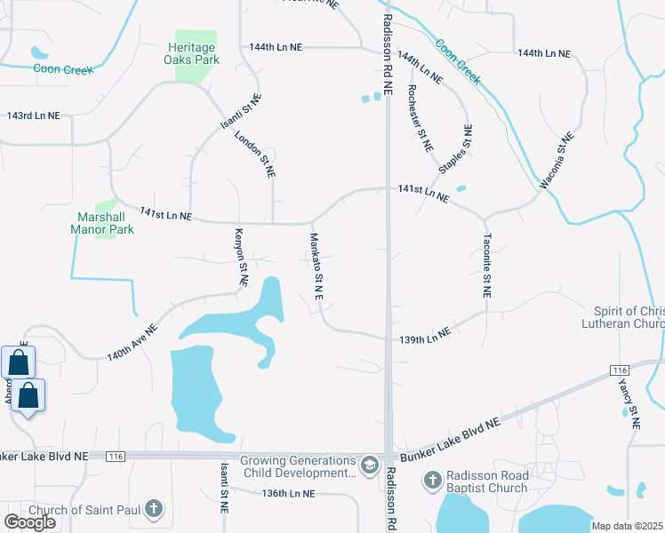 map of restaurants, bars, coffee shops, grocery stores, and more near 2056 141ST Avenue Northeast in Ham Lake