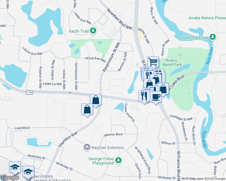 map of restaurants, bars, coffee shops, grocery stores, and more near 5382 140th Avenue Northwest in Ramsey