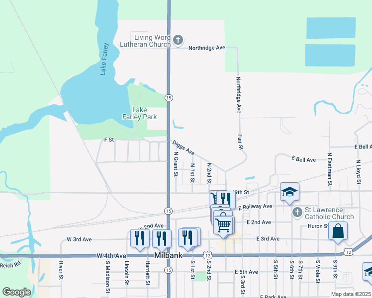 map of restaurants, bars, coffee shops, grocery stores, and more near 117 Diggs Avenue in Milbank