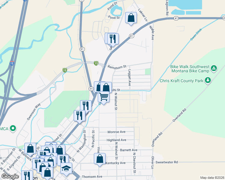 map of restaurants, bars, coffee shops, grocery stores, and more near Walnut St in Dillon