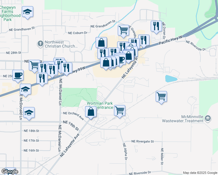 map of restaurants, bars, coffee shops, grocery stores, and more near in McMinnville