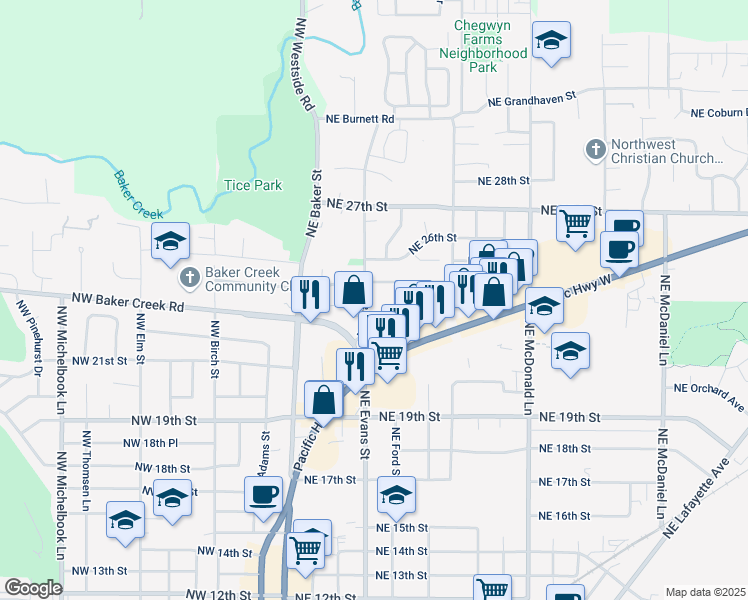 map of restaurants, bars, coffee shops, grocery stores, and more near 545 Oregon 99W in McMinnville