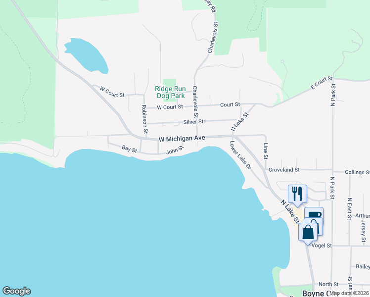 map of restaurants, bars, coffee shops, grocery stores, and more near 700-798 John St in Boyne City