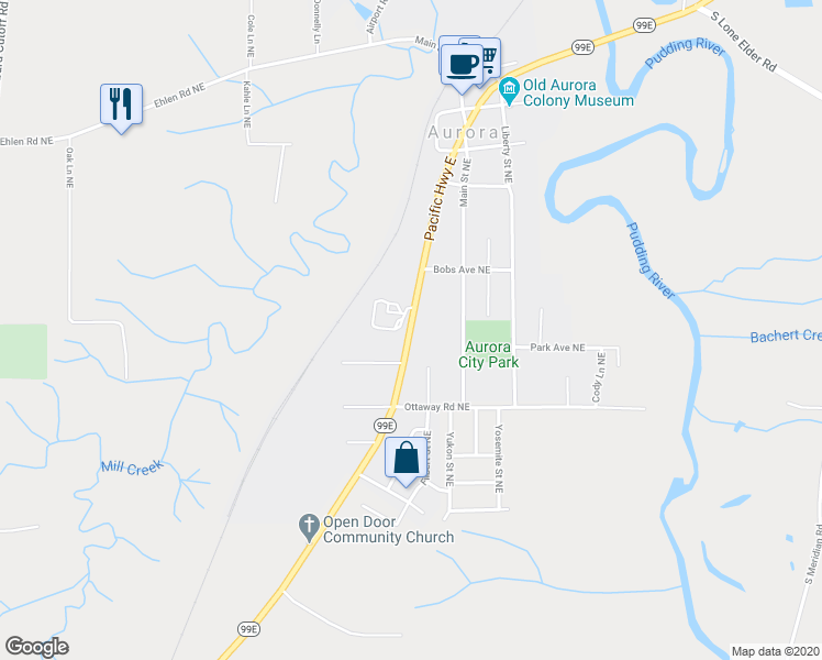 map of restaurants, bars, coffee shops, grocery stores, and more near 21148 Highway 99E in Aurora