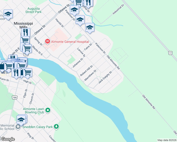 map of restaurants, bars, coffee shops, grocery stores, and more near 608 Robert Hill Street in Mississippi Mills