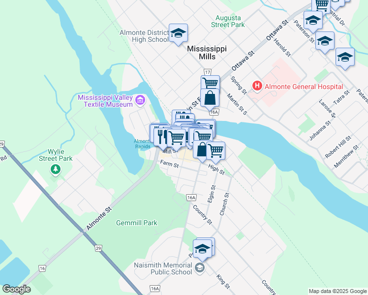 map of restaurants, bars, coffee shops, grocery stores, and more near 61 Mill Street in Mississippi Mills