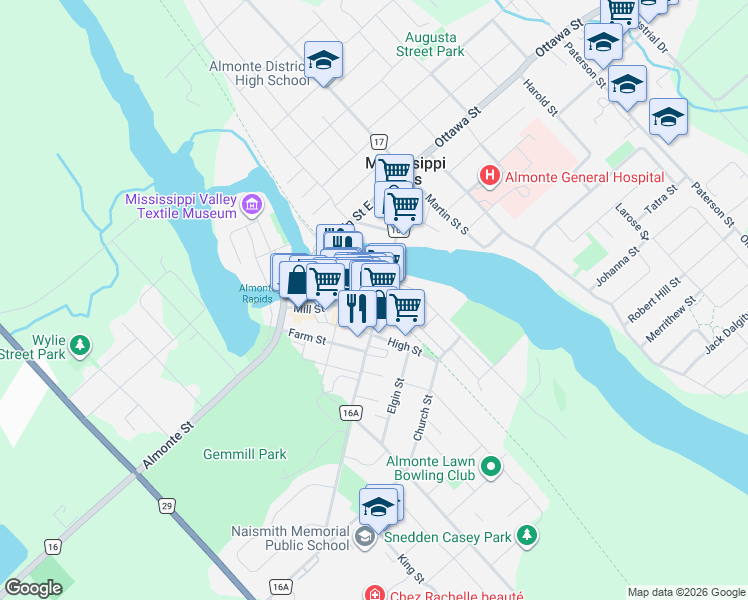 map of restaurants, bars, coffee shops, grocery stores, and more near 42 Bridge Street in Mississippi Mills