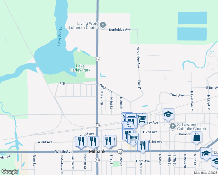 map of restaurants, bars, coffee shops, grocery stores, and more near 117 Diggs Avenue in Milbank