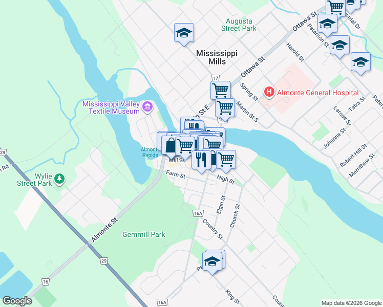 map of restaurants, bars, coffee shops, grocery stores, and more near 56 Brae Street in Mississippi Mills