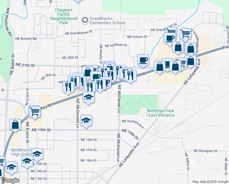 map of restaurants, bars, coffee shops, grocery stores, and more near 1546 NE Hwy 99W in McMinnville
