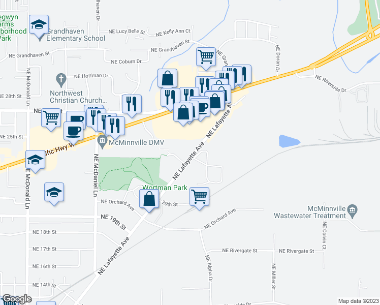 map of restaurants, bars, coffee shops, grocery stores, and more near 2349 Northeast Lafayette Avenue in McMinnville