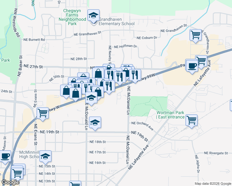 map of restaurants, bars, coffee shops, grocery stores, and more near 1546 Oregon 99W in McMinnville