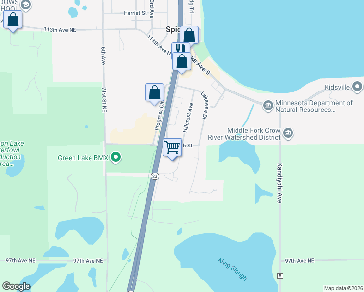 map of restaurants, bars, coffee shops, grocery stores, and more near 247 Hillcrest Avenue in Spicer