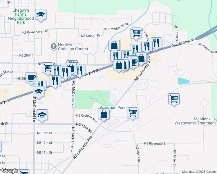 map of restaurants, bars, coffee shops, grocery stores, and more near 2161 Northeast Lafayette Avenue in McMinnville