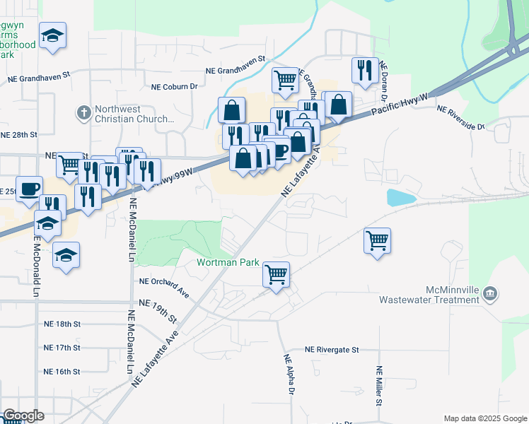 map of restaurants, bars, coffee shops, grocery stores, and more near 2377 Northeast Lafayette Avenue in McMinnville