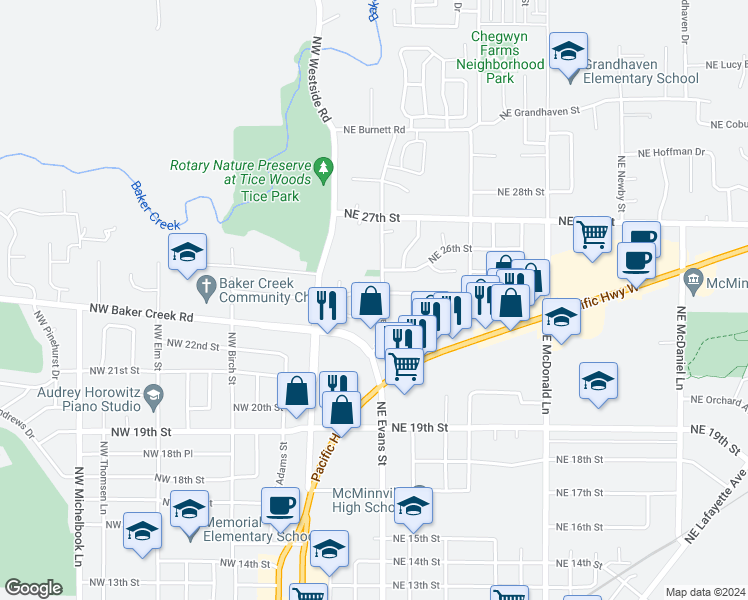 map of restaurants, bars, coffee shops, grocery stores, and more near 2345 Northeast Evans Street in McMinnville