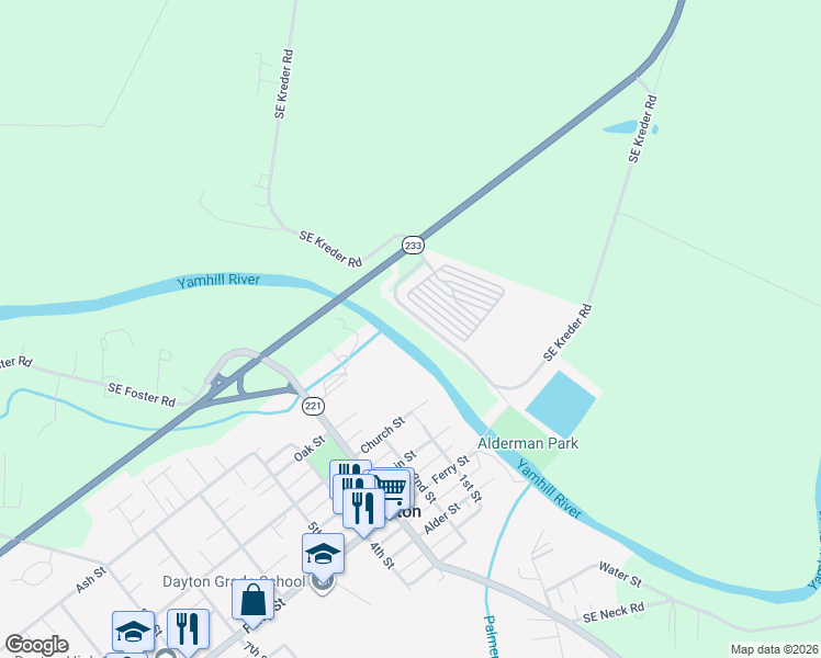 map of restaurants, bars, coffee shops, grocery stores, and more near 16205 Southeast Kreder Road in Dayton