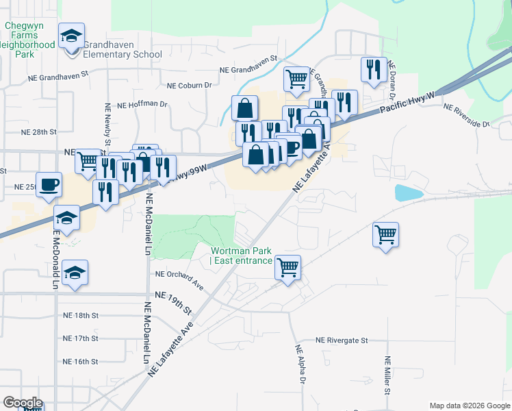 map of restaurants, bars, coffee shops, grocery stores, and more near 2201 Northeast Lafayette Avenue in McMinnville