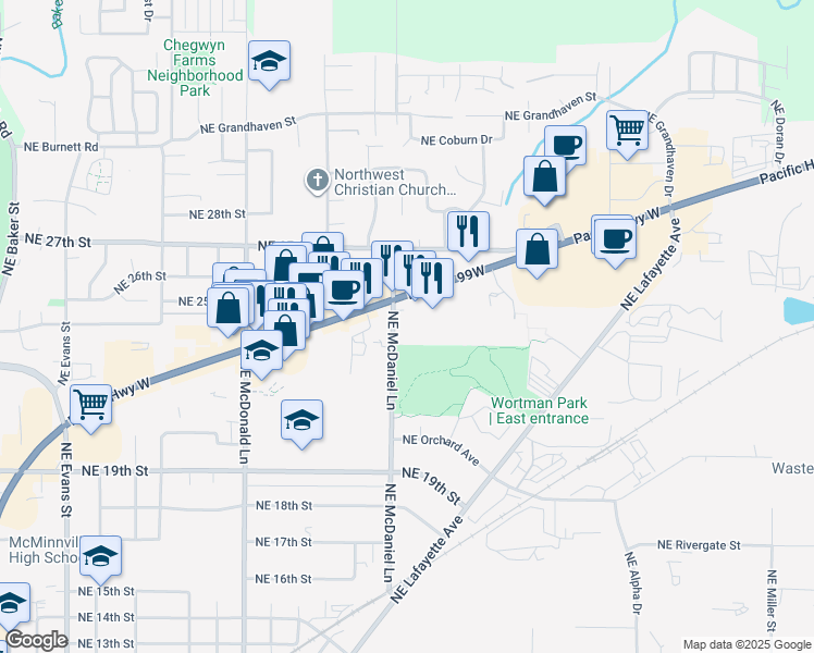 map of restaurants, bars, coffee shops, grocery stores, and more near 1720 Oregon 99W in McMinnville
