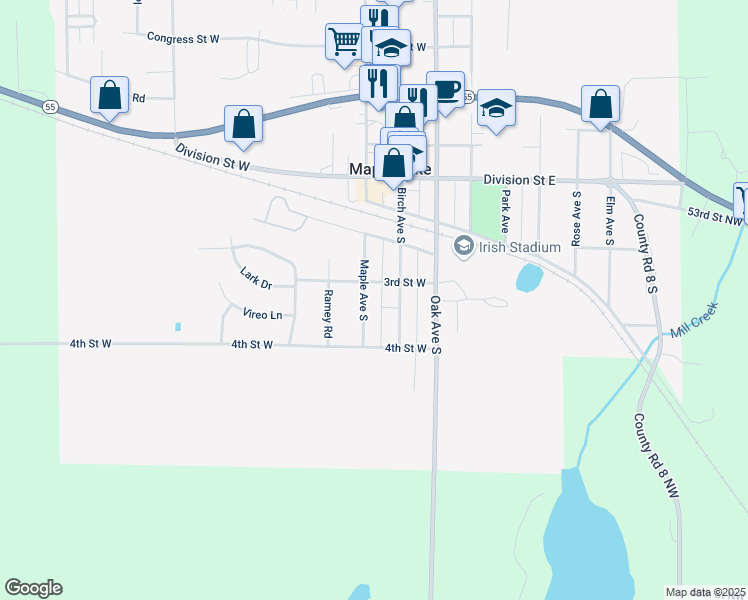 map of restaurants, bars, coffee shops, grocery stores, and more near 302 Maple Avenue South in Maple Lake