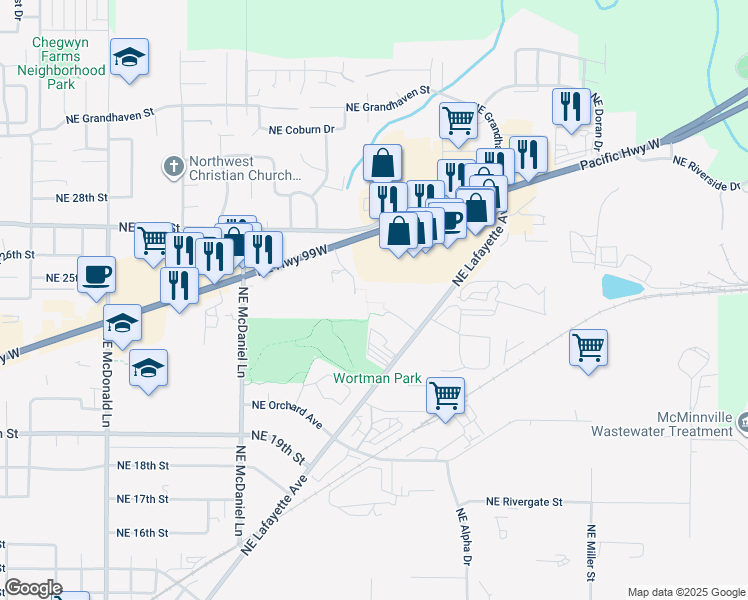 map of restaurants, bars, coffee shops, grocery stores, and more near 2161 Northeast Lafayette Avenue in McMinnville