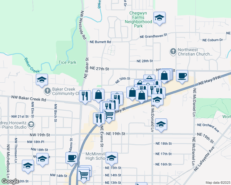 map of restaurants, bars, coffee shops, grocery stores, and more near 650 Northeast Fuller Court in McMinnville