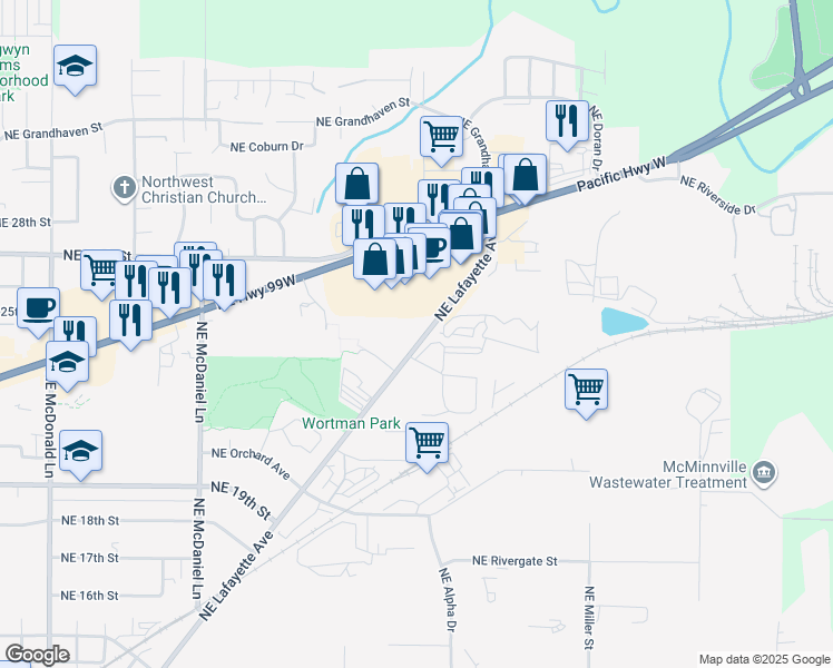 map of restaurants, bars, coffee shops, grocery stores, and more near 2395 Northeast Lafayette Avenue in McMinnville