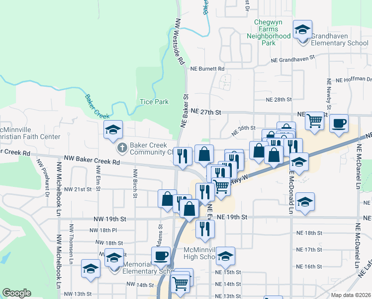 map of restaurants, bars, coffee shops, grocery stores, and more near 2445 Northeast Cowls Court in McMinnville