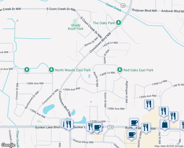 map of restaurants, bars, coffee shops, grocery stores, and more near 14058 Raven Street Northwest in Andover