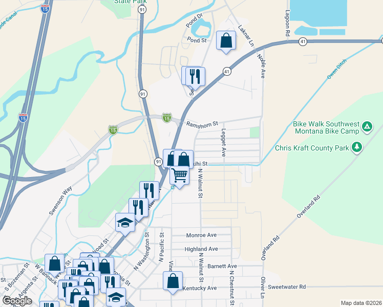 map of restaurants, bars, coffee shops, grocery stores, and more near 101-199 Tobacco Root Rd in Dillon