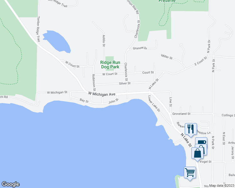 map of restaurants, bars, coffee shops, grocery stores, and more near 300 West Michigan Avenue in Boyne City