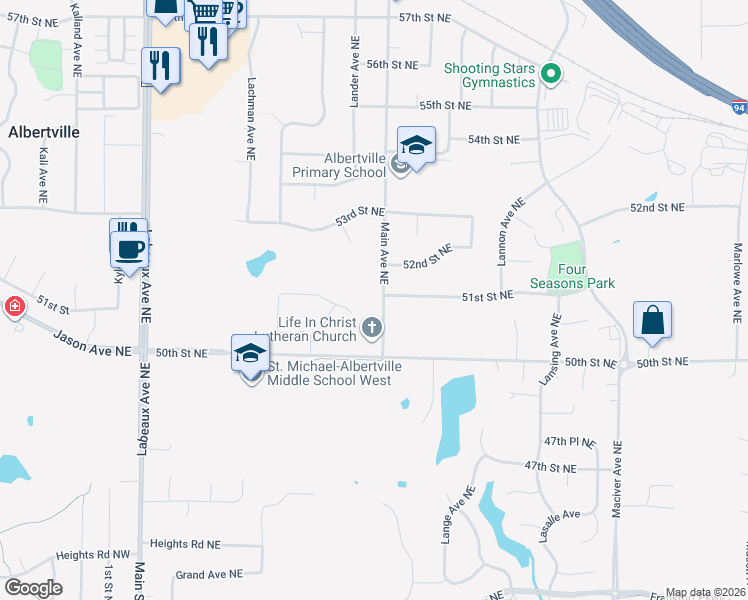 map of restaurants, bars, coffee shops, grocery stores, and more near 5089 Main Avenue Northeast in Albertville