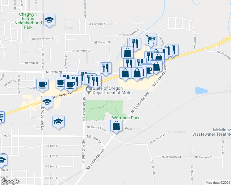 map of restaurants, bars, coffee shops, grocery stores, and more near 2048 Oregon 99W in McMinnville