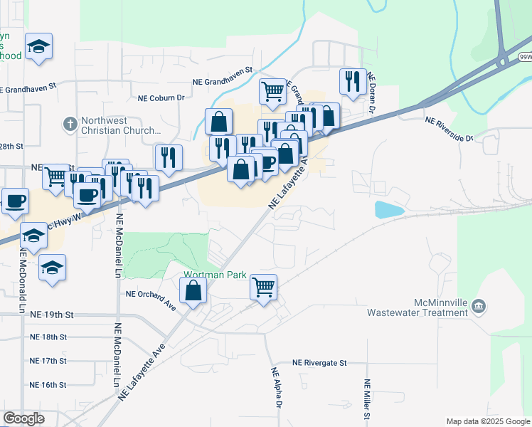 map of restaurants, bars, coffee shops, grocery stores, and more near 2429 Northeast Lafayette Avenue in McMinnville