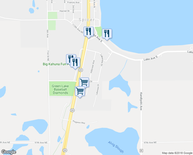 map of restaurants, bars, coffee shops, grocery stores, and more near 196 Lakeview Drive in Spicer