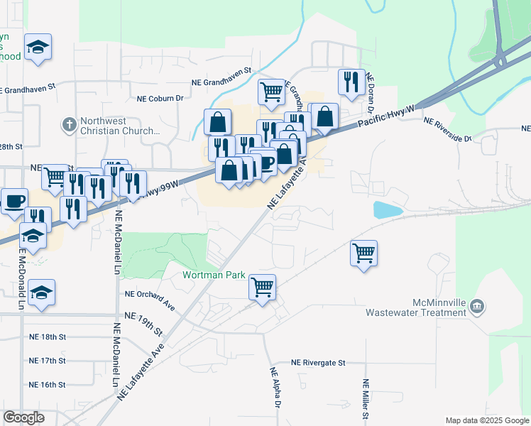 map of restaurants, bars, coffee shops, grocery stores, and more near 2431 Northeast Lafayette Avenue in McMinnville