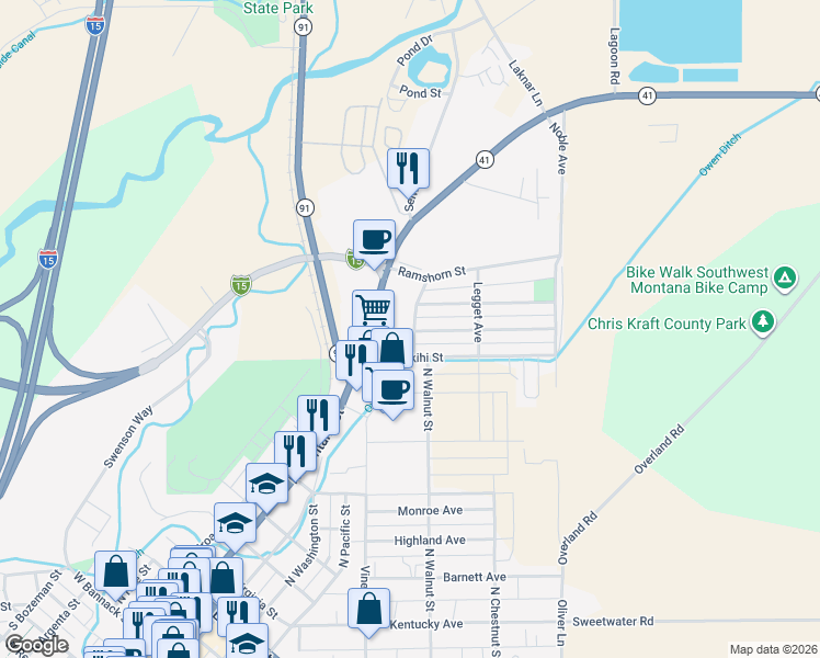 map of restaurants, bars, coffee shops, grocery stores, and more near 101-199 Tobacco Root Rd in Dillon