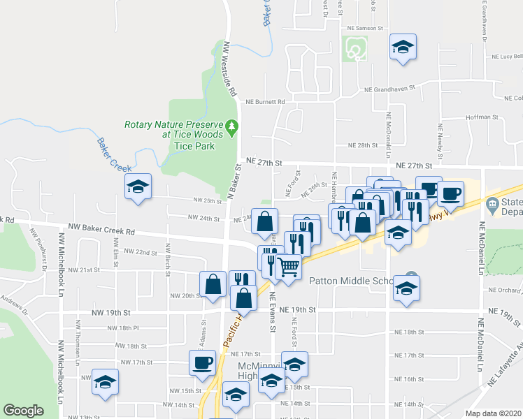 map of restaurants, bars, coffee shops, grocery stores, and more near 2495 Northeast Evans Street in McMinnville