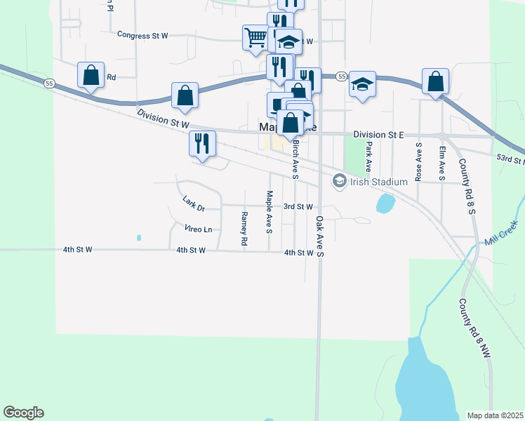 map of restaurants, bars, coffee shops, grocery stores, and more near 302 Maple Ave S in Maple Lake