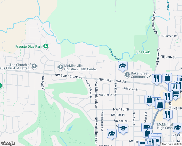 map of restaurants, bars, coffee shops, grocery stores, and more near 2444 NW Alice Kelley St in McMinnville