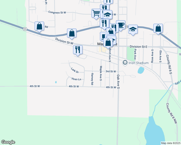map of restaurants, bars, coffee shops, grocery stores, and more near 300 Ramey Road in Maple Lake