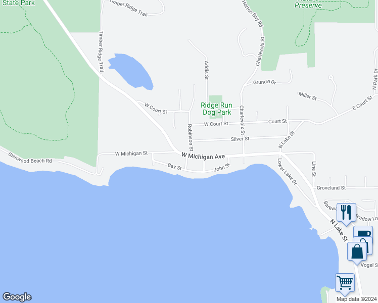 map of restaurants, bars, coffee shops, grocery stores, and more near 500 West Michigan Avenue in Boyne City