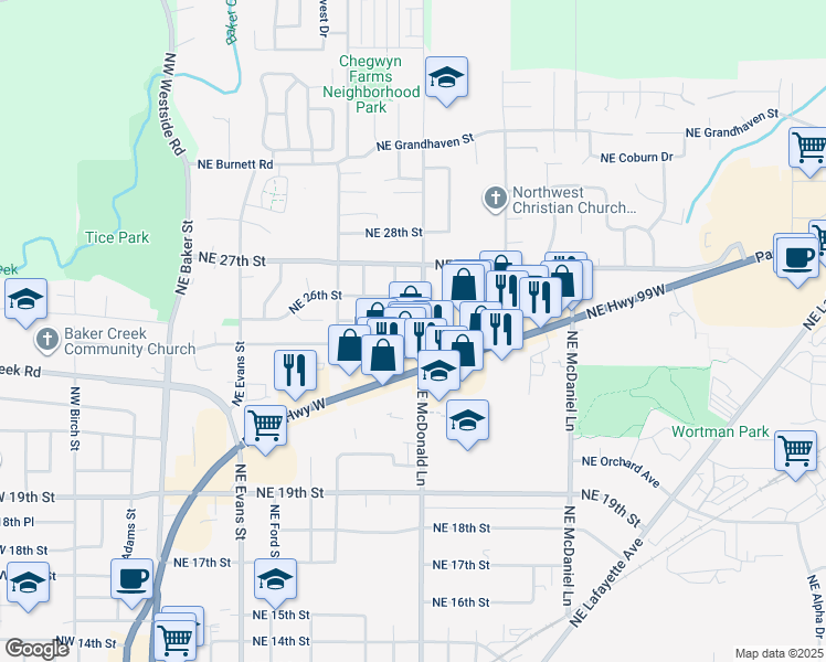 map of restaurants, bars, coffee shops, grocery stores, and more near 2425 Northeast McDonald Lane in McMinnville