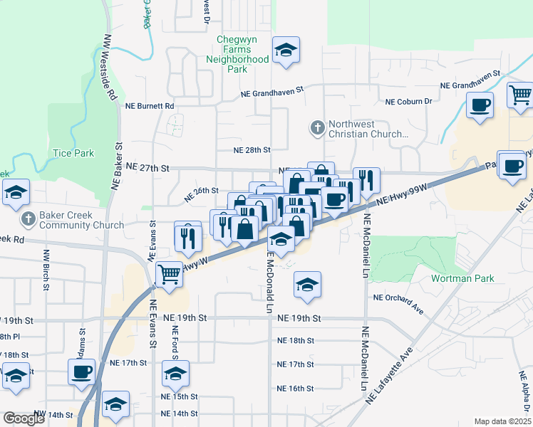 map of restaurants, bars, coffee shops, grocery stores, and more near 2425 Northeast McDonald Lane in McMinnville