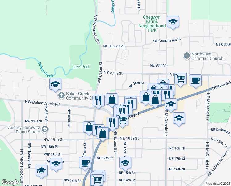 map of restaurants, bars, coffee shops, grocery stores, and more near 2495 Northeast Evans Street in McMinnville