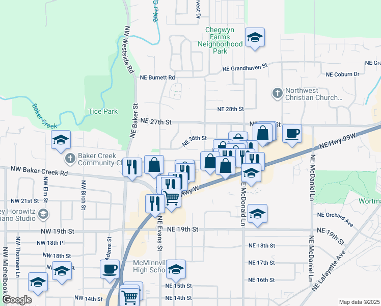 map of restaurants, bars, coffee shops, grocery stores, and more near 650 Northeast Fuller Court in McMinnville