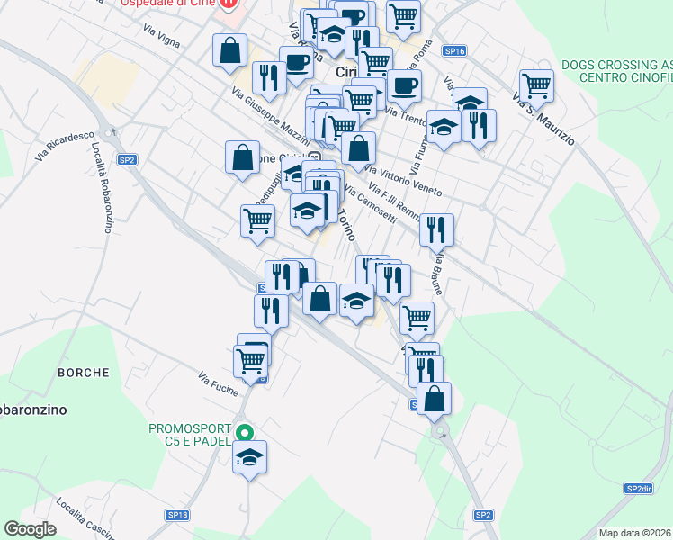 map of restaurants, bars, coffee shops, grocery stores, and more near 15 Via Giosuè Carducci in Ciriè