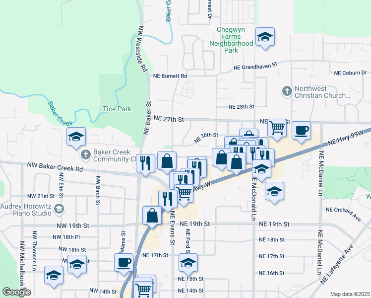map of restaurants, bars, coffee shops, grocery stores, and more near 602 Northeast 26th Street in McMinnville