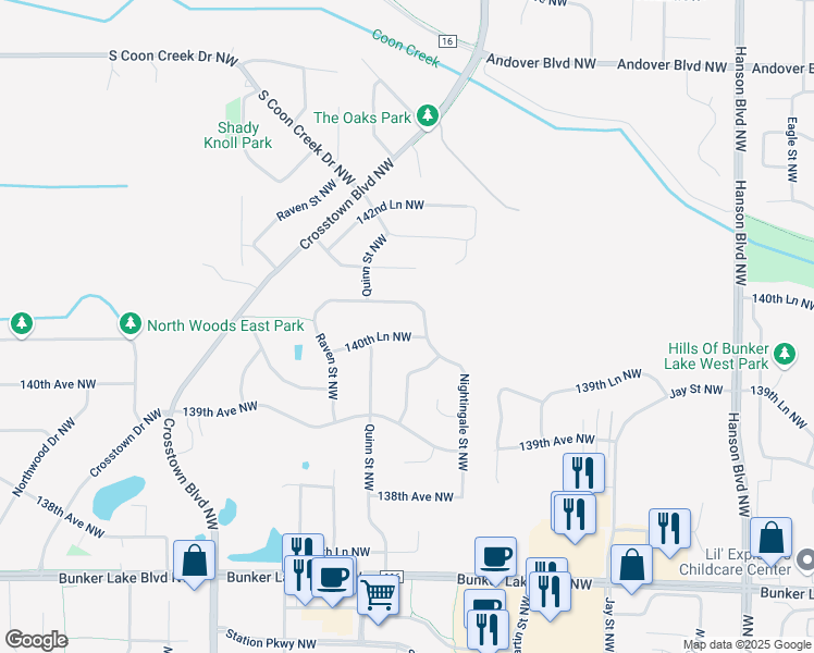 map of restaurants, bars, coffee shops, grocery stores, and more near 2111 140th Lane Northwest in Andover